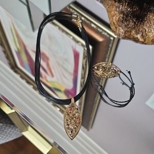 Canadian Artists Gold Filigree Pendant Necklace with Black Cord